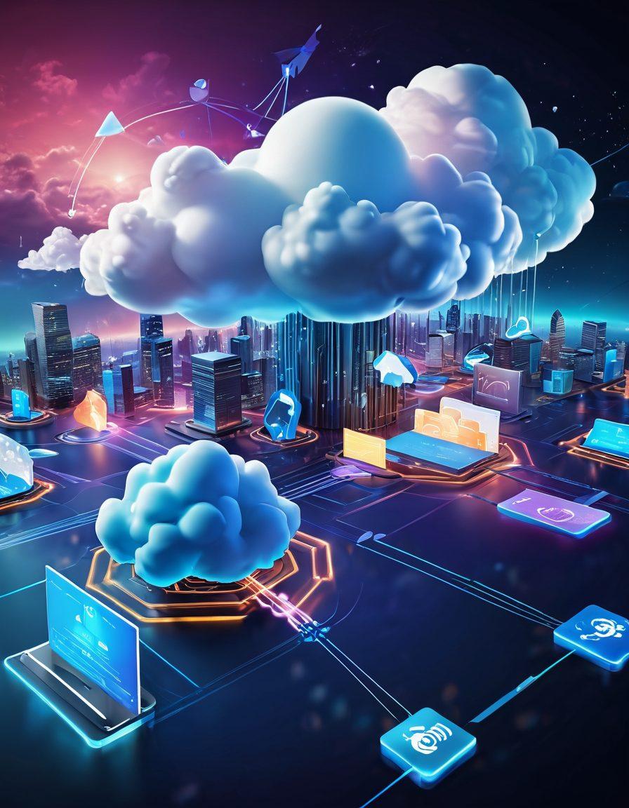 A futuristic cloud computing landscape with interconnected servers, abstract EJB framework icons, and arrows depicting data flow. Include a diverse group of developers collaborating, surrounded by digital interfaces and graphs, symbolizing scalability and distribution. The atmosphere should convey innovation and technology. super-realistic. vibrant colors. 3D.