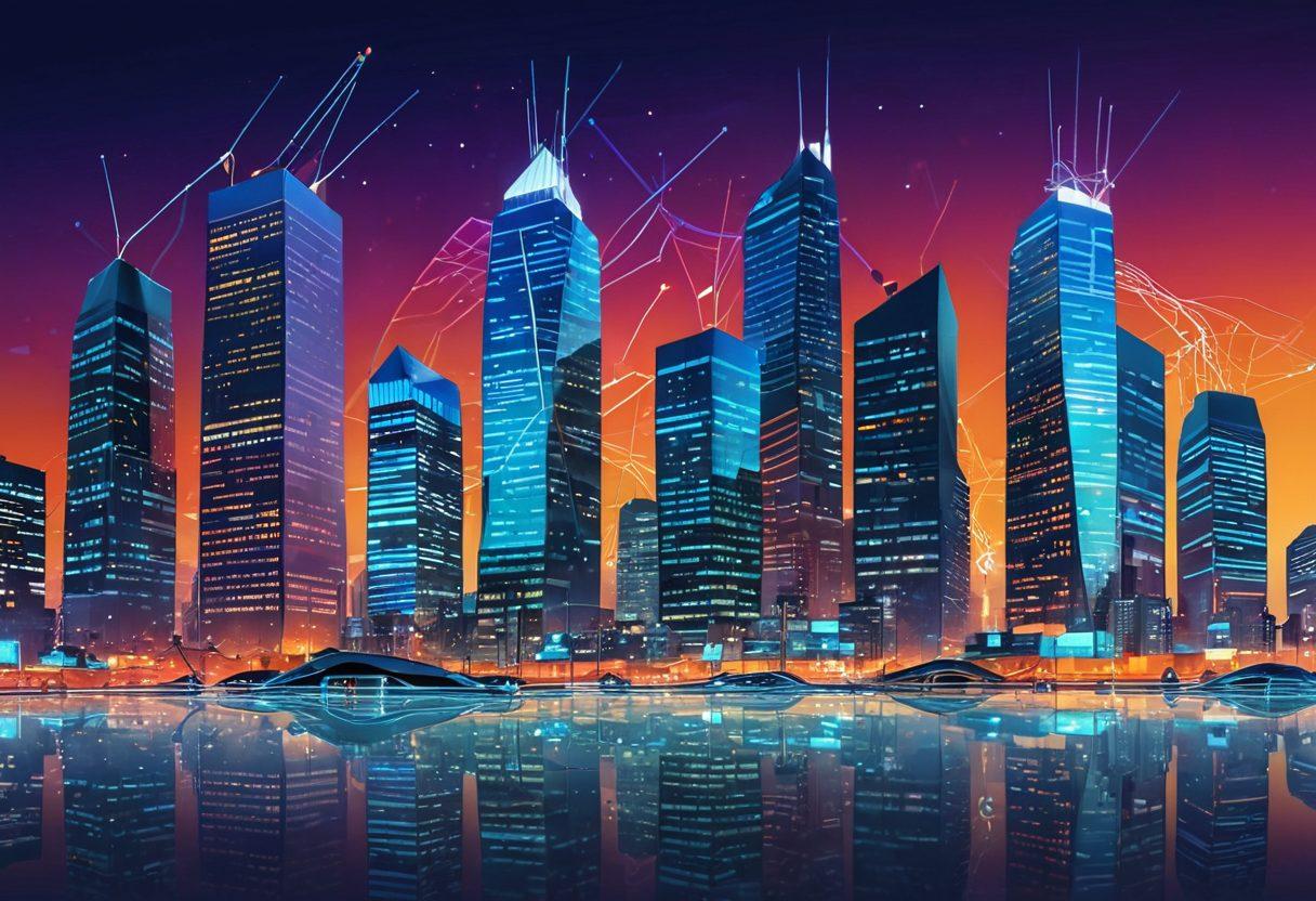 A dynamic and vibrant illustration featuring a futuristic cityscape with interconnected digital networks symbolizing enterprise solutions. In the foreground, towering glass buildings showcase beans sprouting from the ground, representing Enterprise Java Beans. Bright, colorful lights highlight the progress of software development, with abstract code and digital symbols floating around. The sky has a tech-inspired gradient transitioning from blue to orange, symbolizing innovation and growth. vector art. vibrant colors.